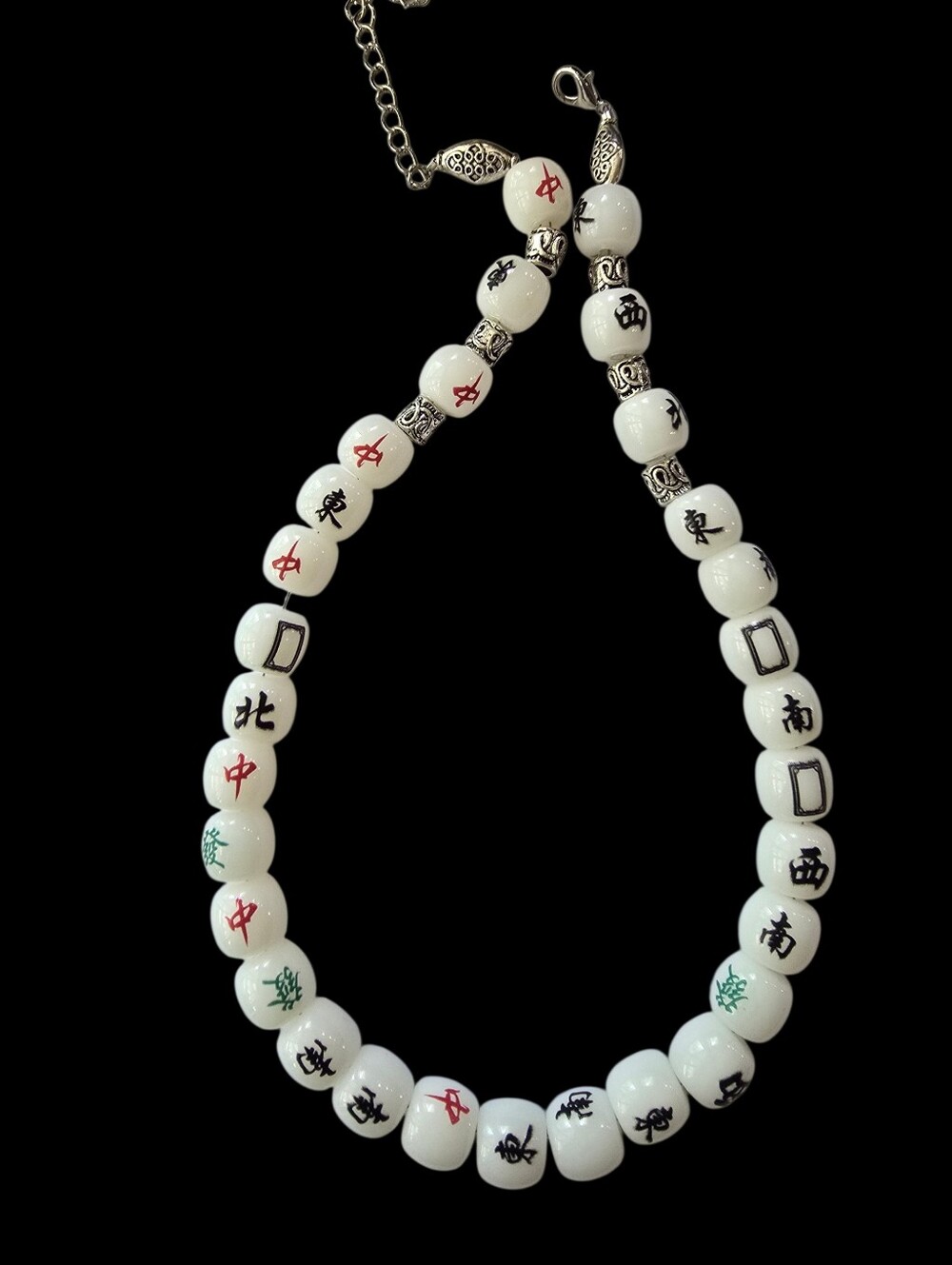 MAHJONG LOVERS NEW ALABASTER SILVER WINDS DRAGONS DESIGNER 16" TO20" NECKLACE